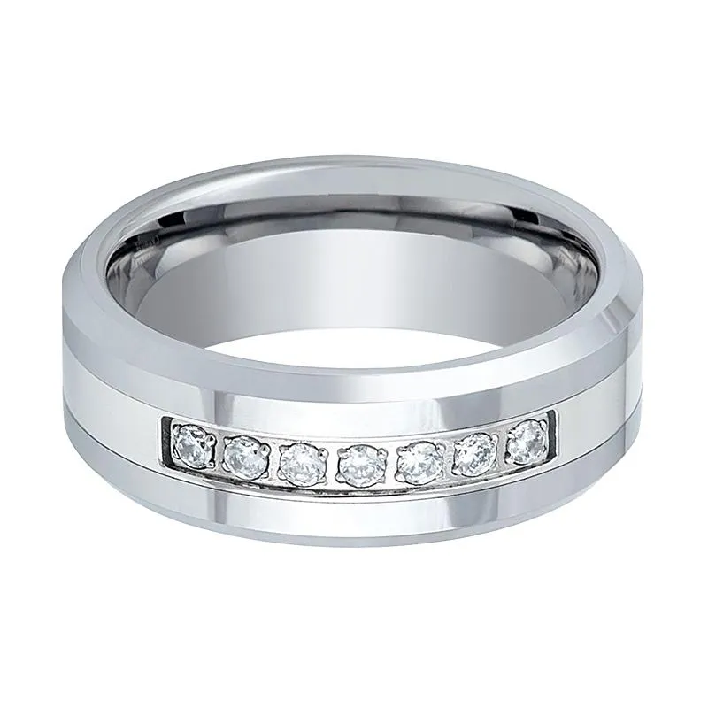 CETUS | Silver Tungsten Ring, 7 White CZ Diamonds, Beveled