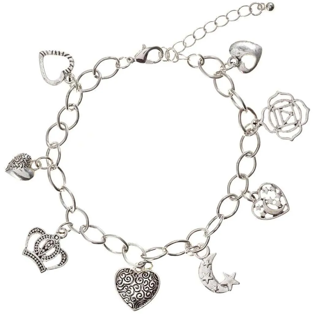 Charm Bracelet: Hearts/Crown, Silver, 9 Inches