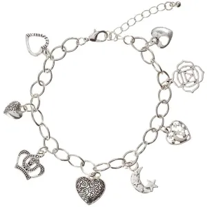 Charm Bracelet: Hearts/Crown, Silver, 9 Inches