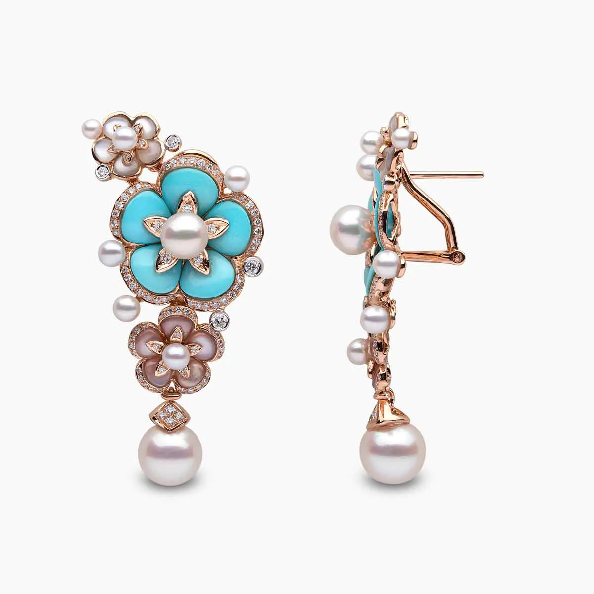 Cleopatra 18K Gold Pearl, Diamond, Turquoise and Mother Of Pearl Earrings