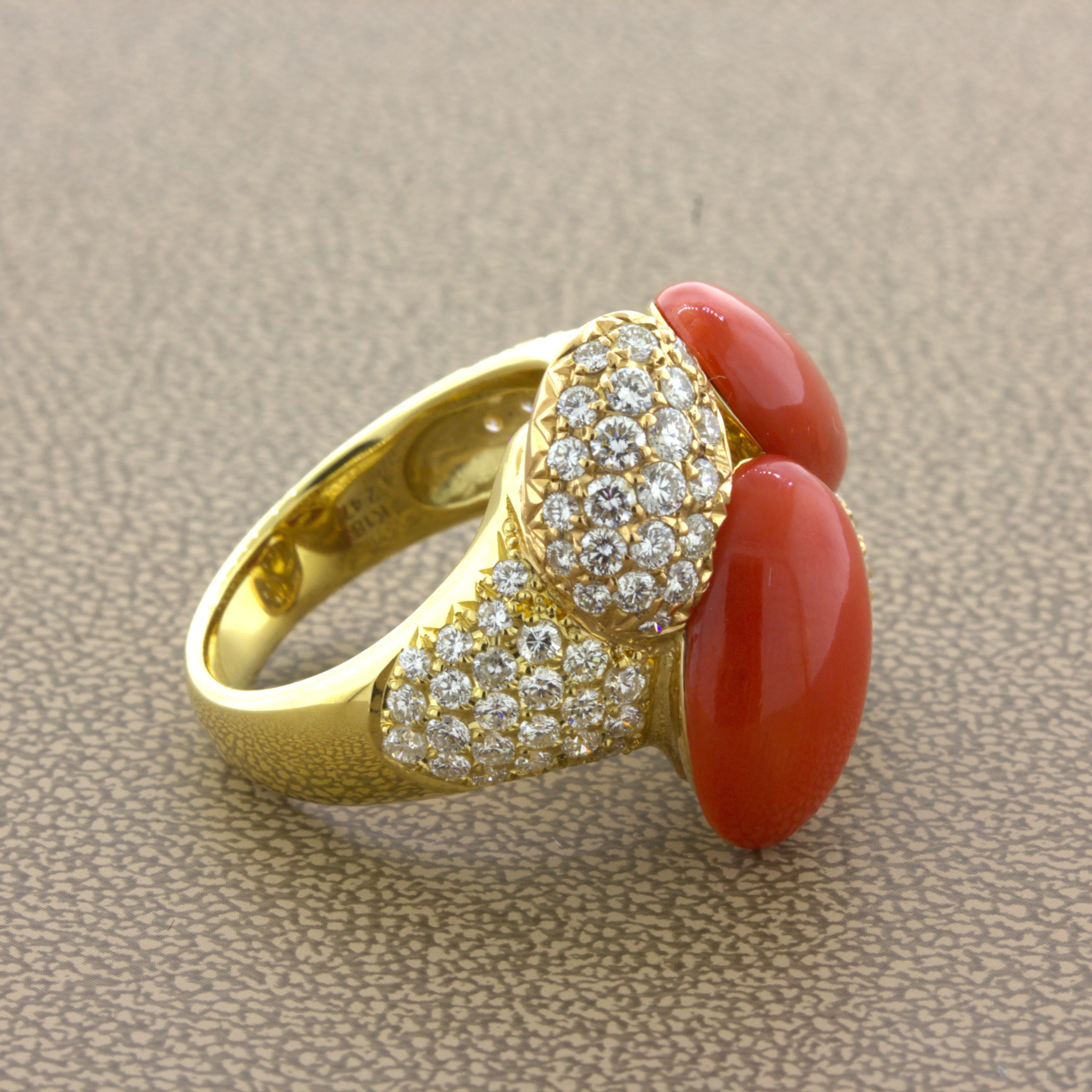 Coral Diamond 18K Yellow Gold Cocktail Ring