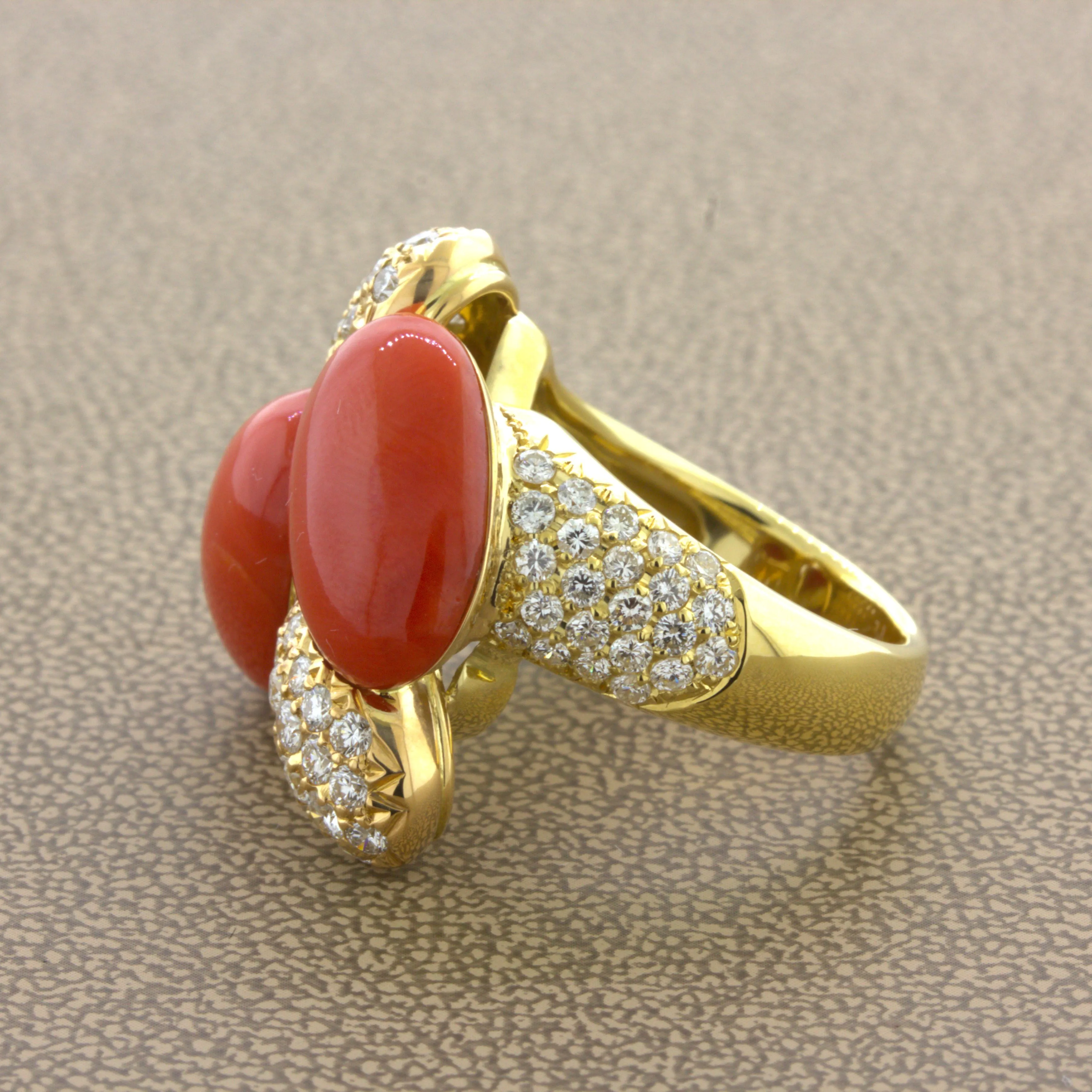 Coral Diamond 18K Yellow Gold Cocktail Ring