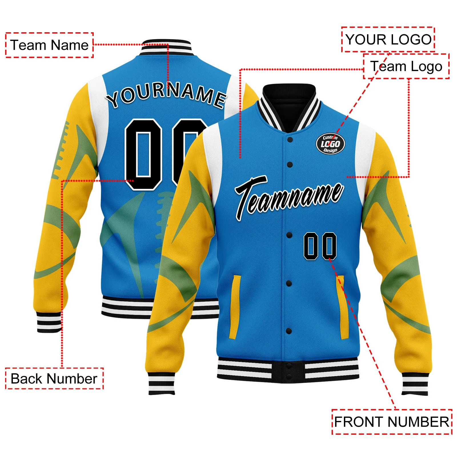 Custom Blue Los Angeles Jacket Bomber Full-Snap Varsity Letterman Personalized Jacket FZ005-D025004-24