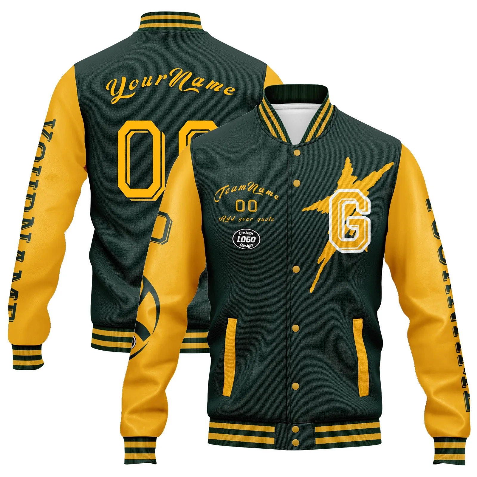 Custom Green Yellow Green Bay Jacket Bomber Full-Snap Varsity Letterman Personalized Jacket FZ005SX-D020290-13