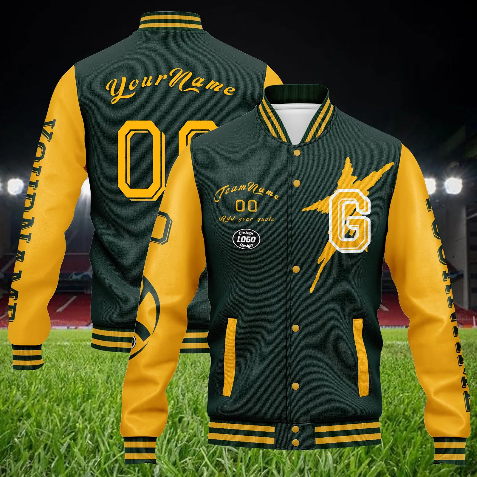 Custom Green Yellow Green Bay Jacket Bomber Full-Snap Varsity Letterman Personalized Jacket FZ005SX-D020290-13