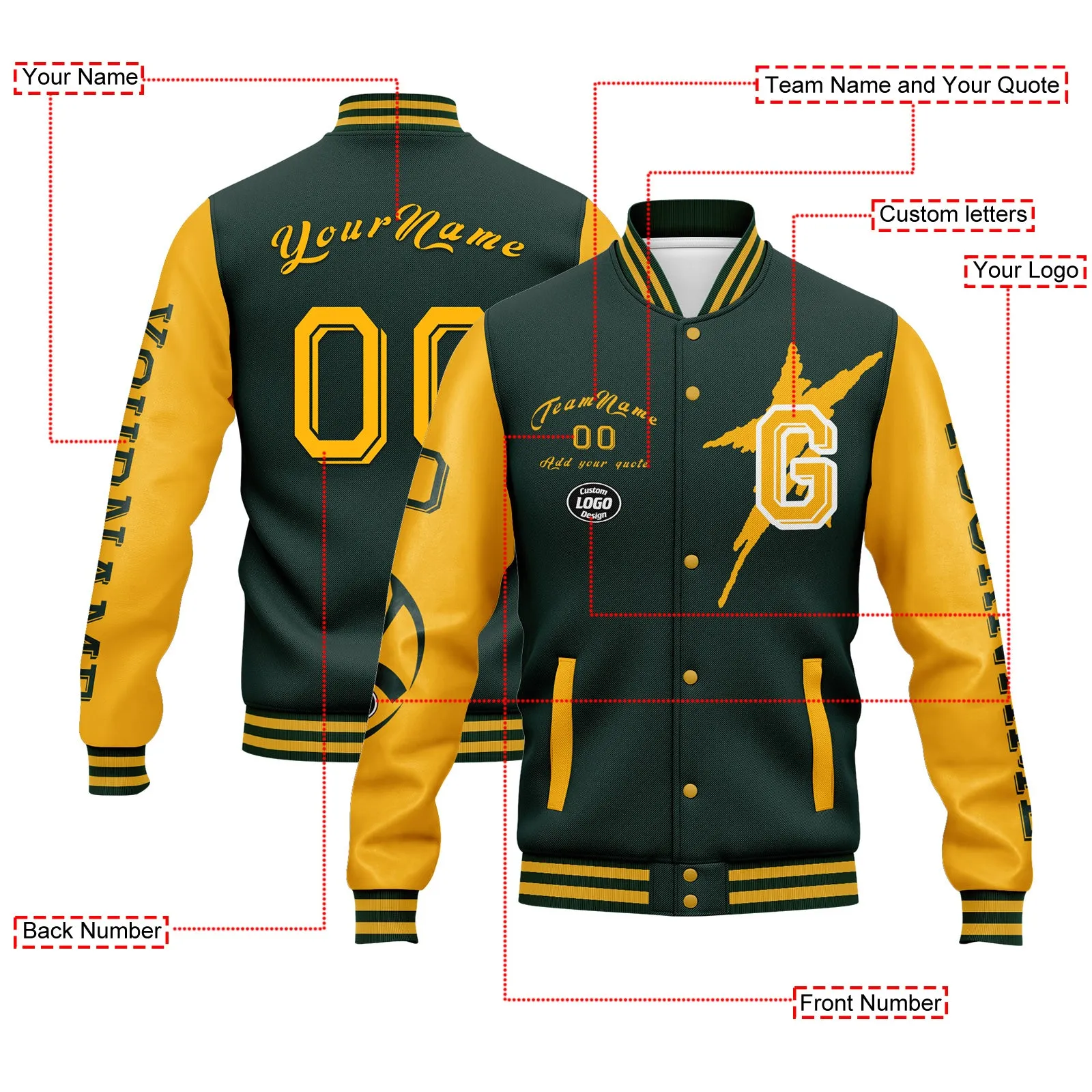 Custom Green Yellow Green Bay Jacket Bomber Full-Snap Varsity Letterman Personalized Jacket FZ005SX-D020290-13