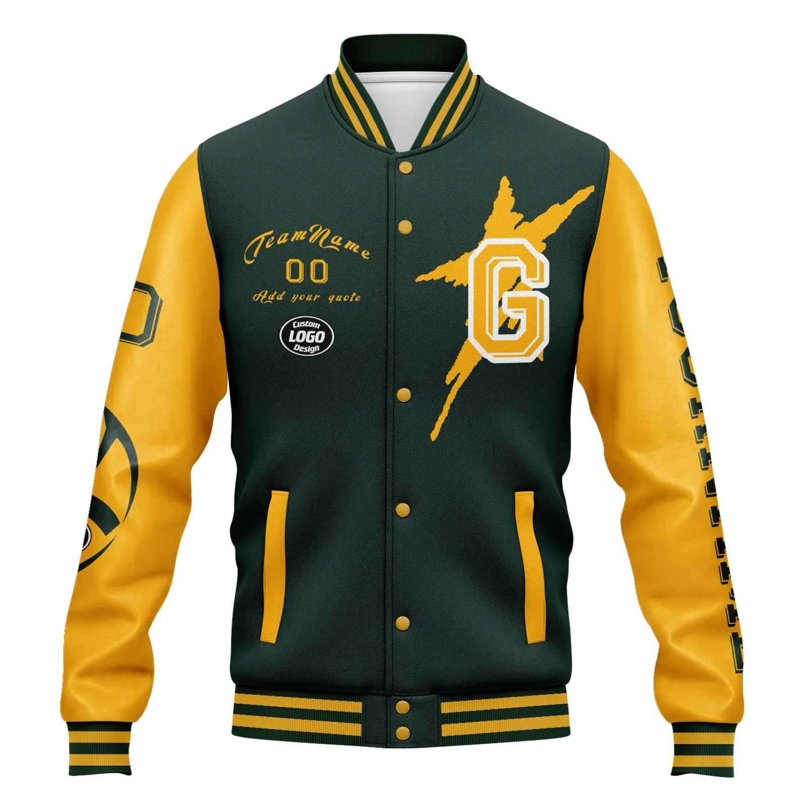 Custom Green Yellow Green Bay Jacket Bomber Full-Snap Varsity Letterman Personalized Jacket FZ005SX-D020290-13