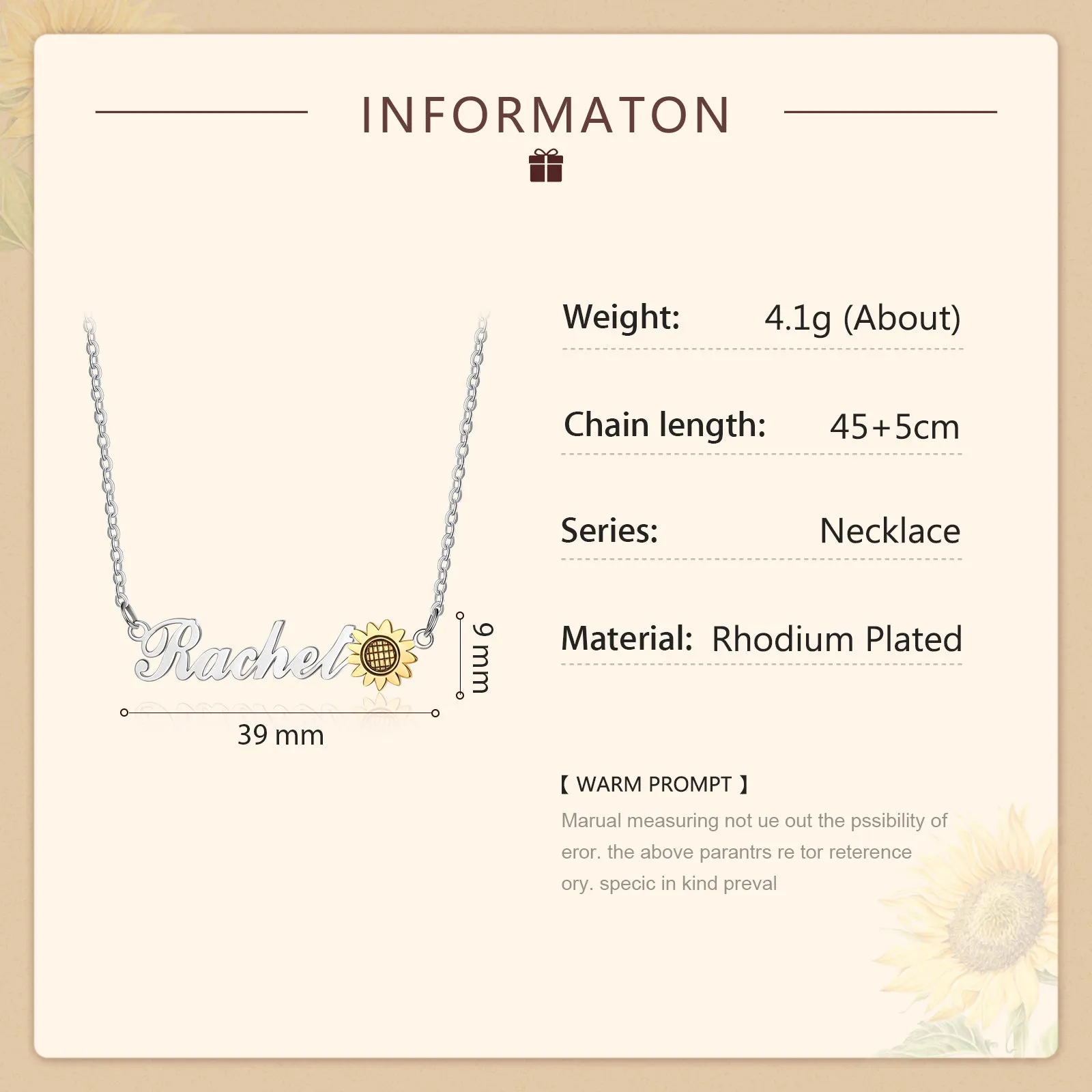 Custom Name Necklace With 18K Yellow Gold Plated Sunflower