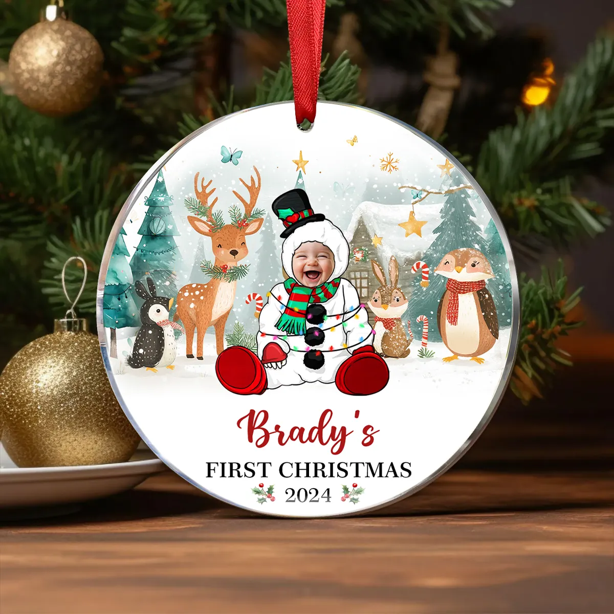 Custom Photo Baby's First Christmas Funny Face - Personalized Circle Ornament