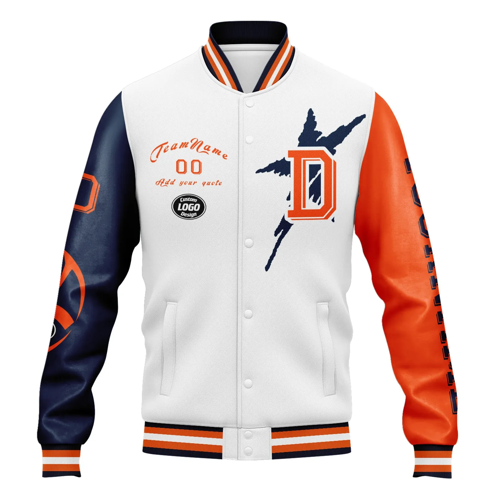 Custom White Denver Jacket Bomber Full-Snap Varsity Letterman Personalized Jacket FZ005SX-D020290-10