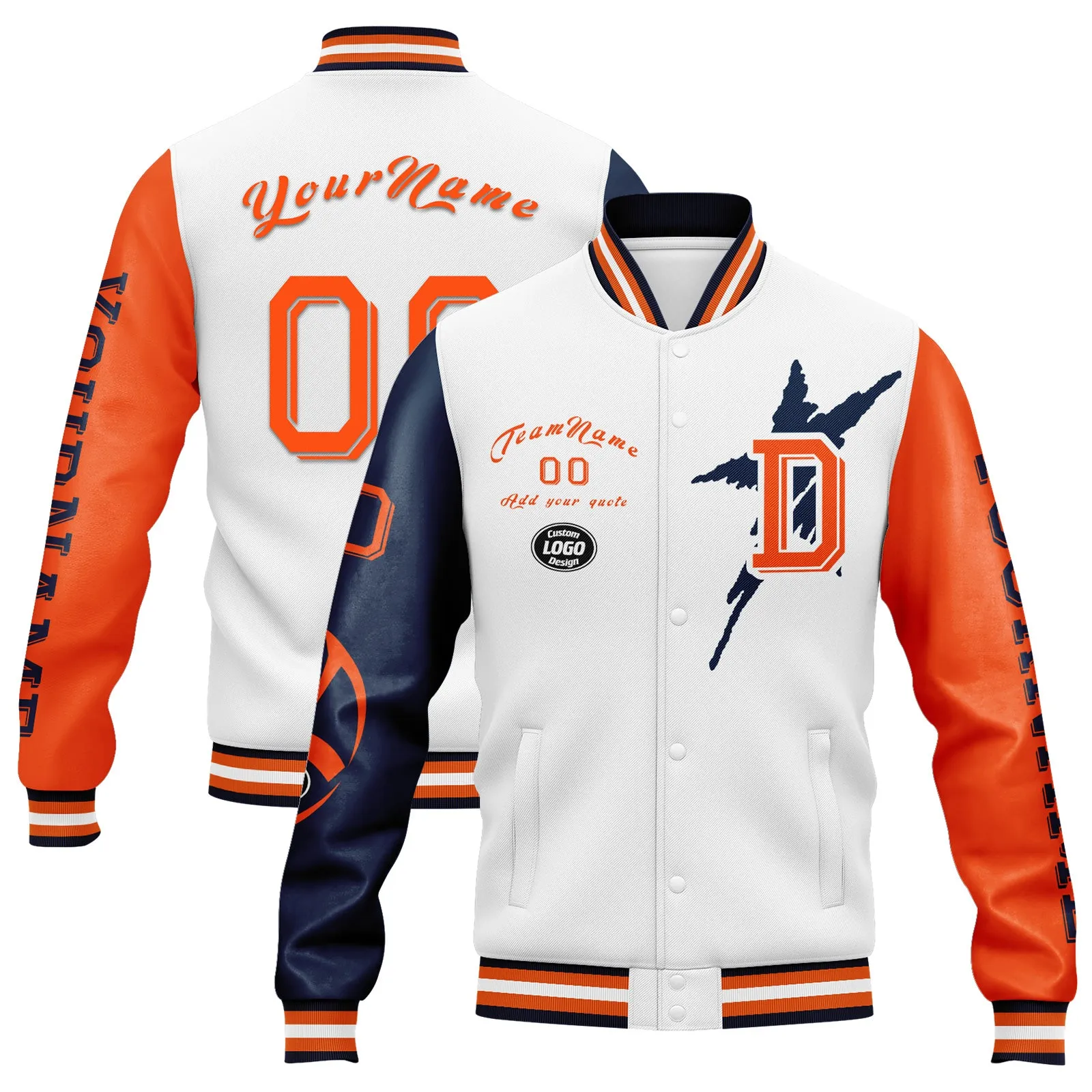 Custom White Denver Jacket Bomber Full-Snap Varsity Letterman Personalized Jacket FZ005SX-D020290-10