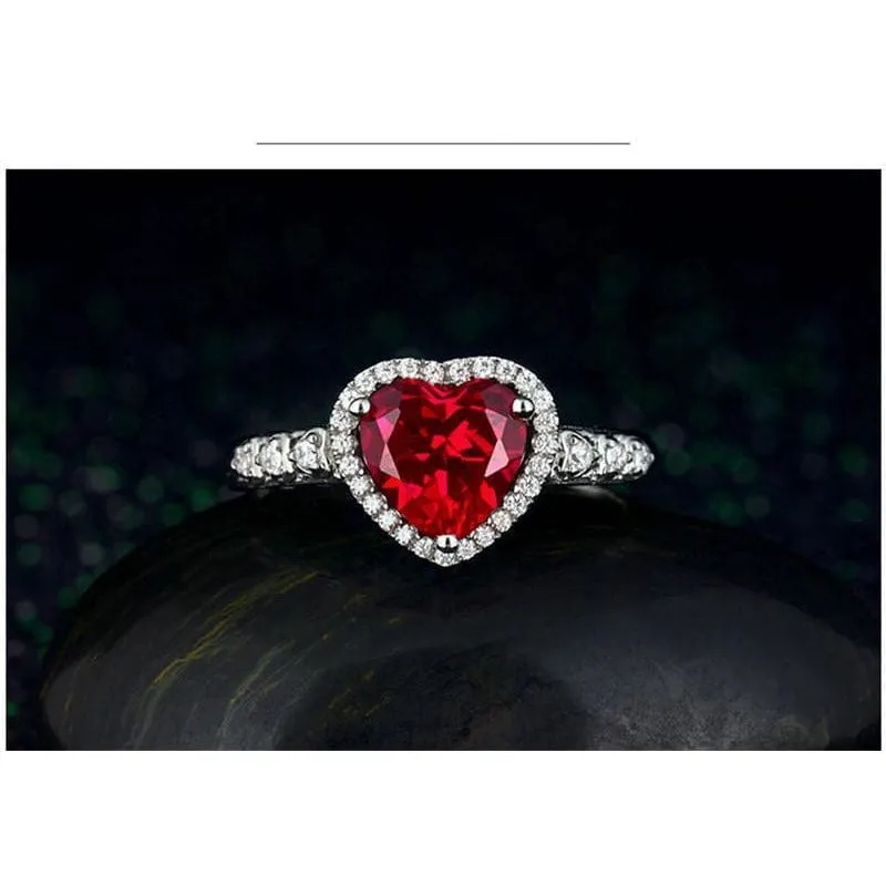 Deep Red Created Ruby and CZ Heart Ring in 925 Sterling Silver, So Romantic!