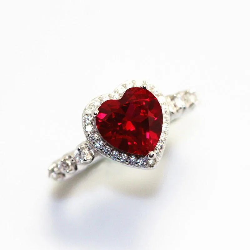 Deep Red Created Ruby and CZ Heart Ring in 925 Sterling Silver, So Romantic!