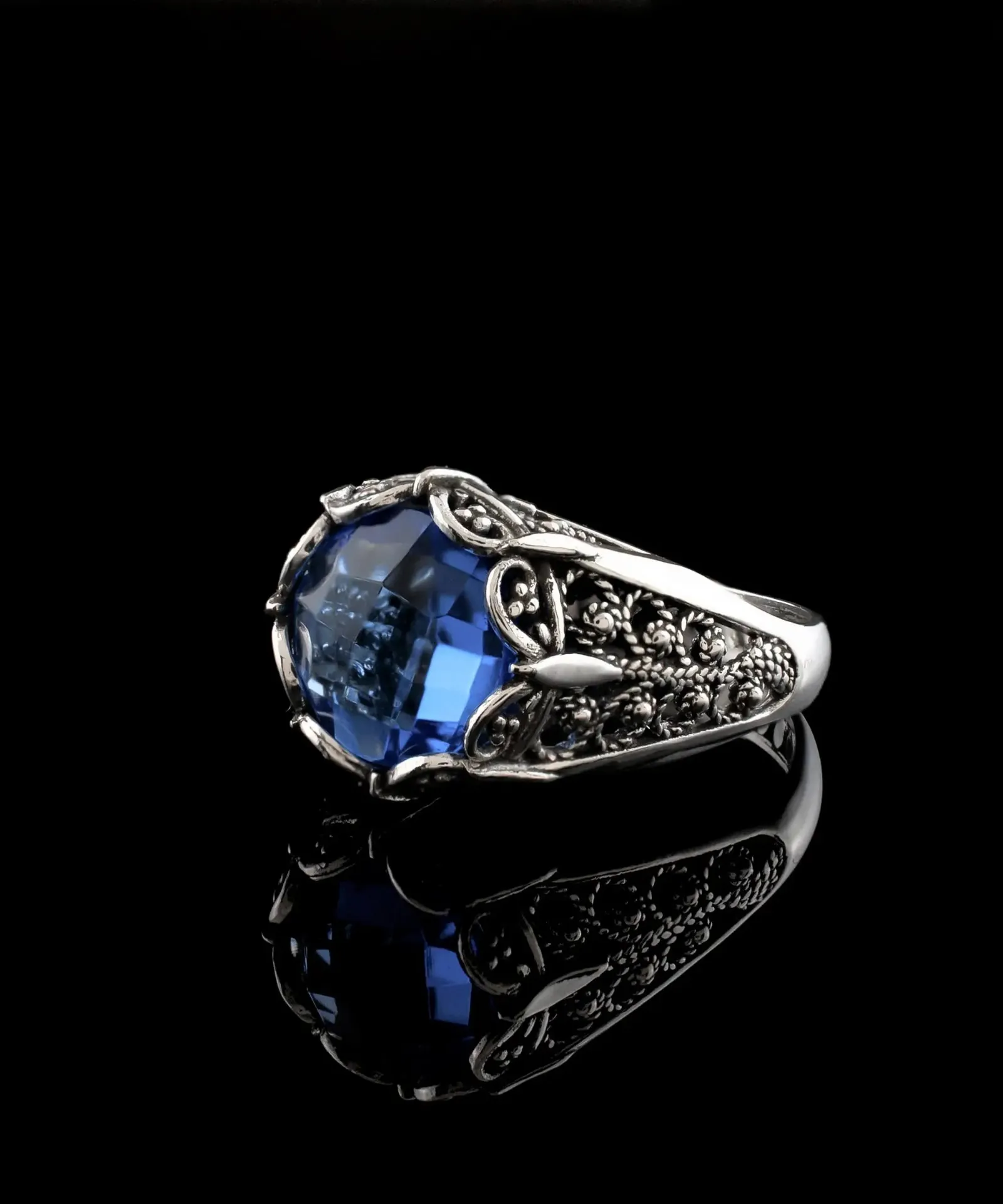 Elegant Azure: Blue Quartz Sterling Silver Filigree Cocktail Ring