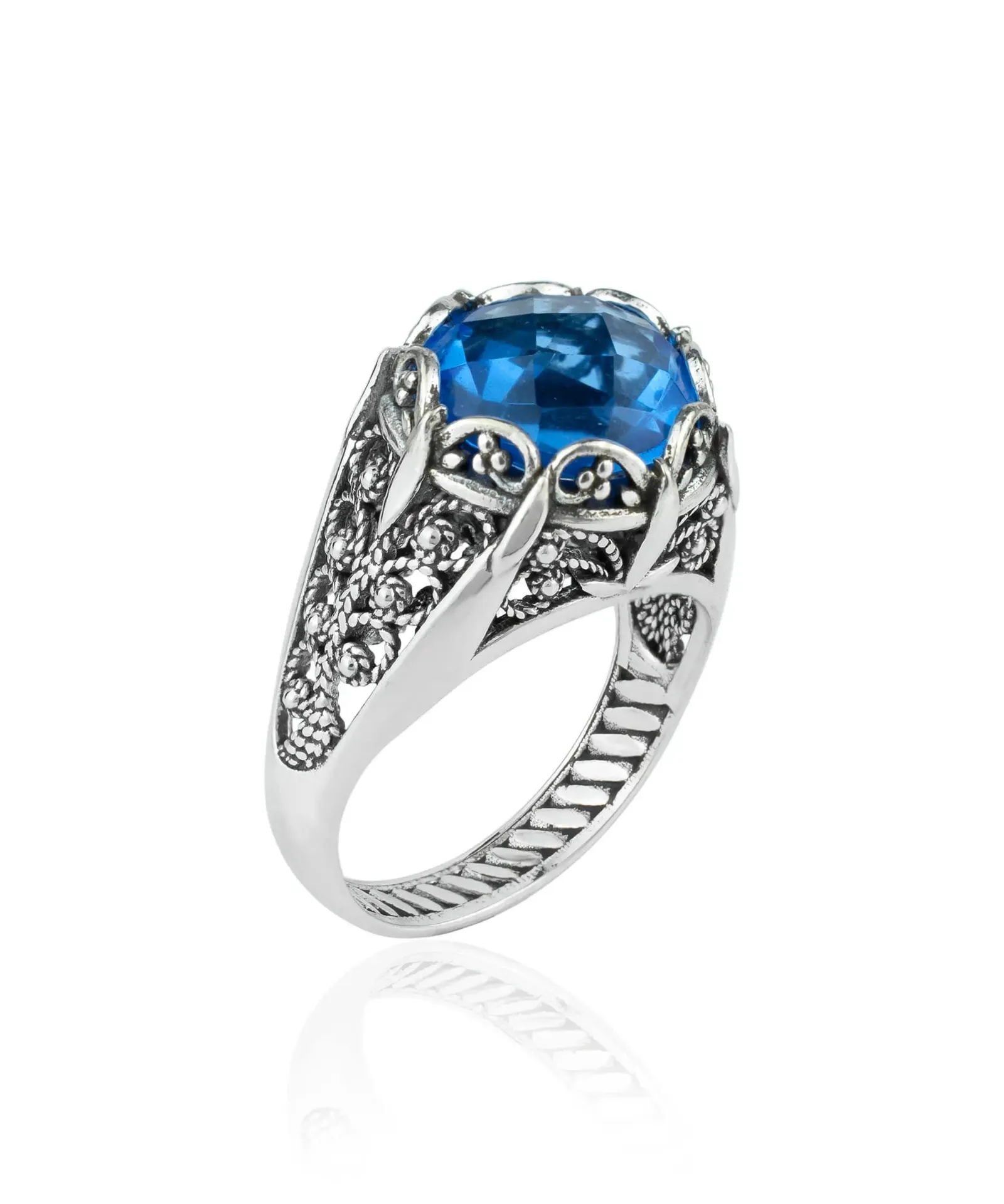 Elegant Azure: Blue Quartz Sterling Silver Filigree Cocktail Ring