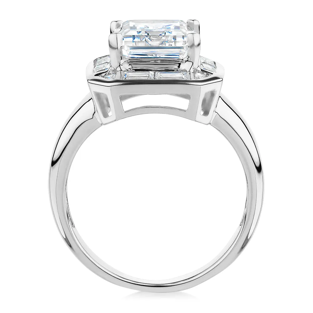 Emerald Cut, Baguette and Round Brilliant halo engagement ring with 4.53 carats* of diamond simulants in 10 carat white gold