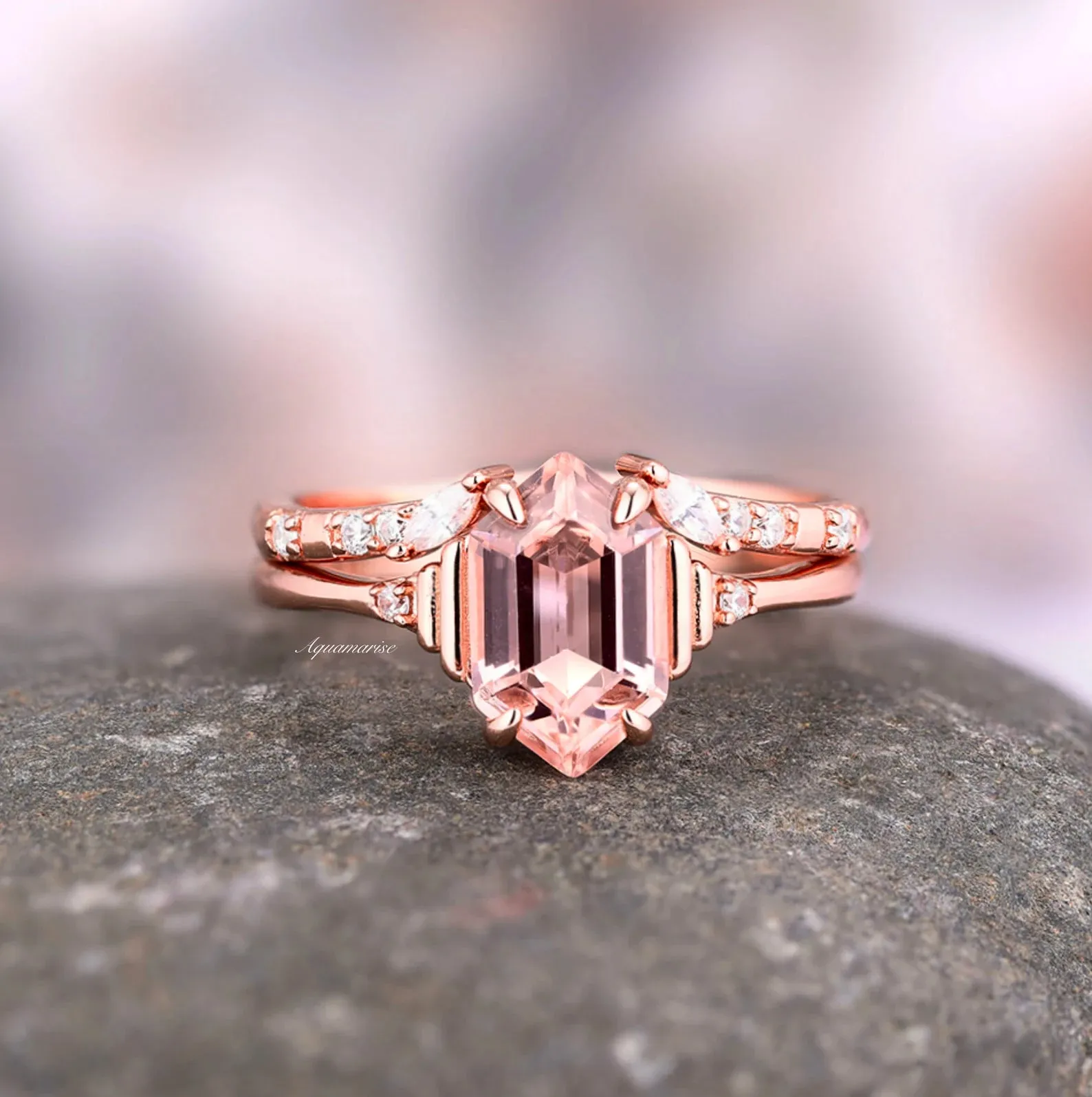 Hexagon Morganite Couples Ring