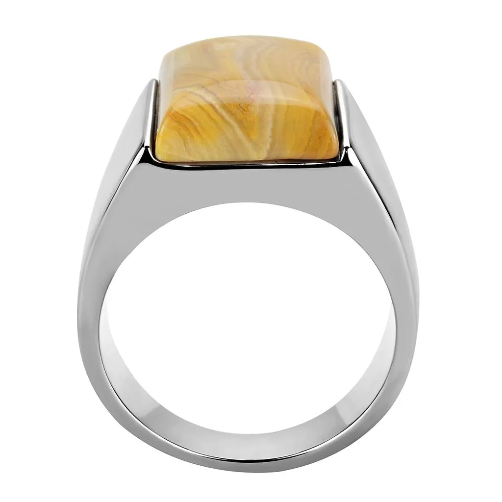 High polished (no plating) Stainless Steel Ring with Semi-Precious Agate in Brown for Women Style TK947