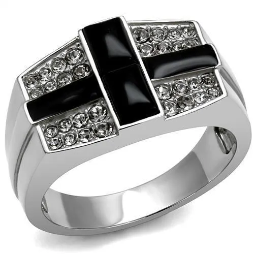 High polished (no plating) Stainless Steel Ring with Semi-Precious Agate in Jet for Women Style TK3117