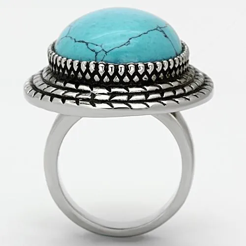 High polished (no plating) Stainless Steel Ring with Semi-Precious Turquoise in Sea Blue for Women Style TK1022