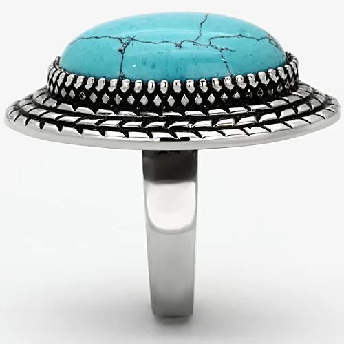 High polished (no plating) Stainless Steel Ring with Semi-Precious Turquoise in Sea Blue for Women Style TK1022