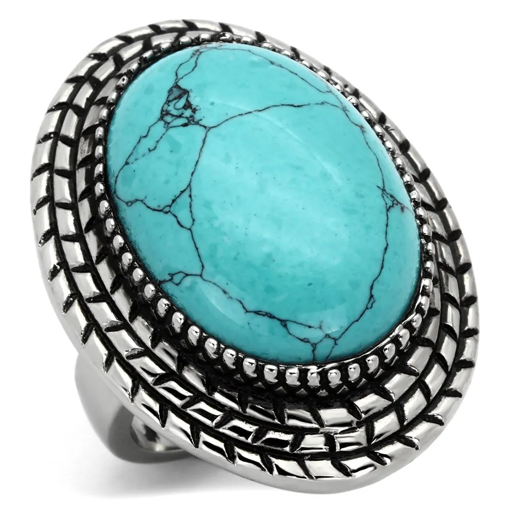 High polished (no plating) Stainless Steel Ring with Semi-Precious Turquoise in Sea Blue for Women Style TK1022