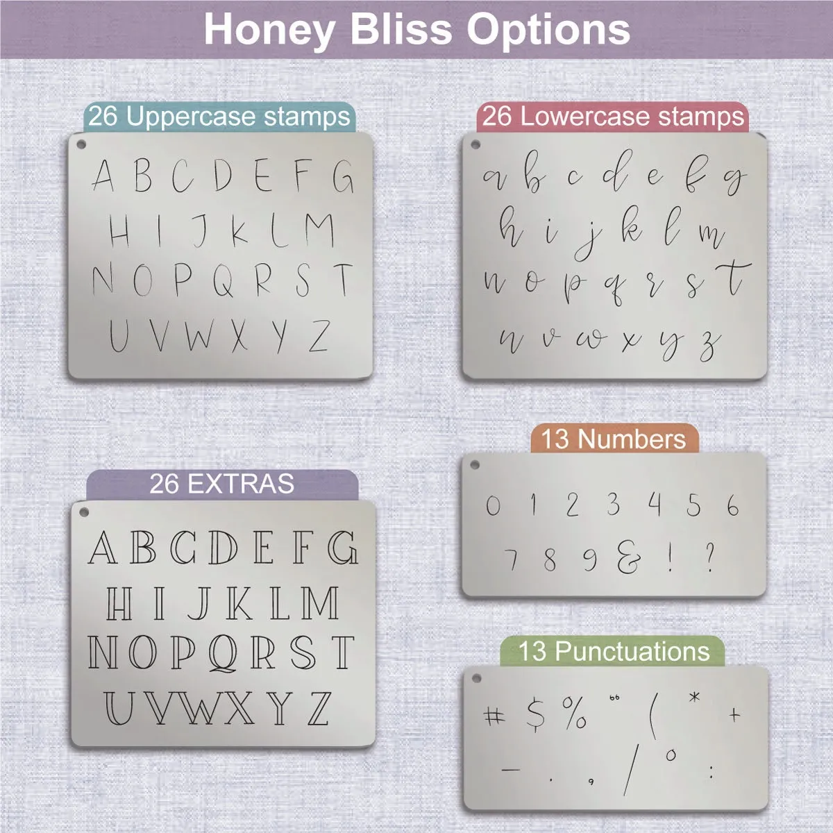 Honey Bliss Duo typeface Metal Letter Stamps, full Alphabet.