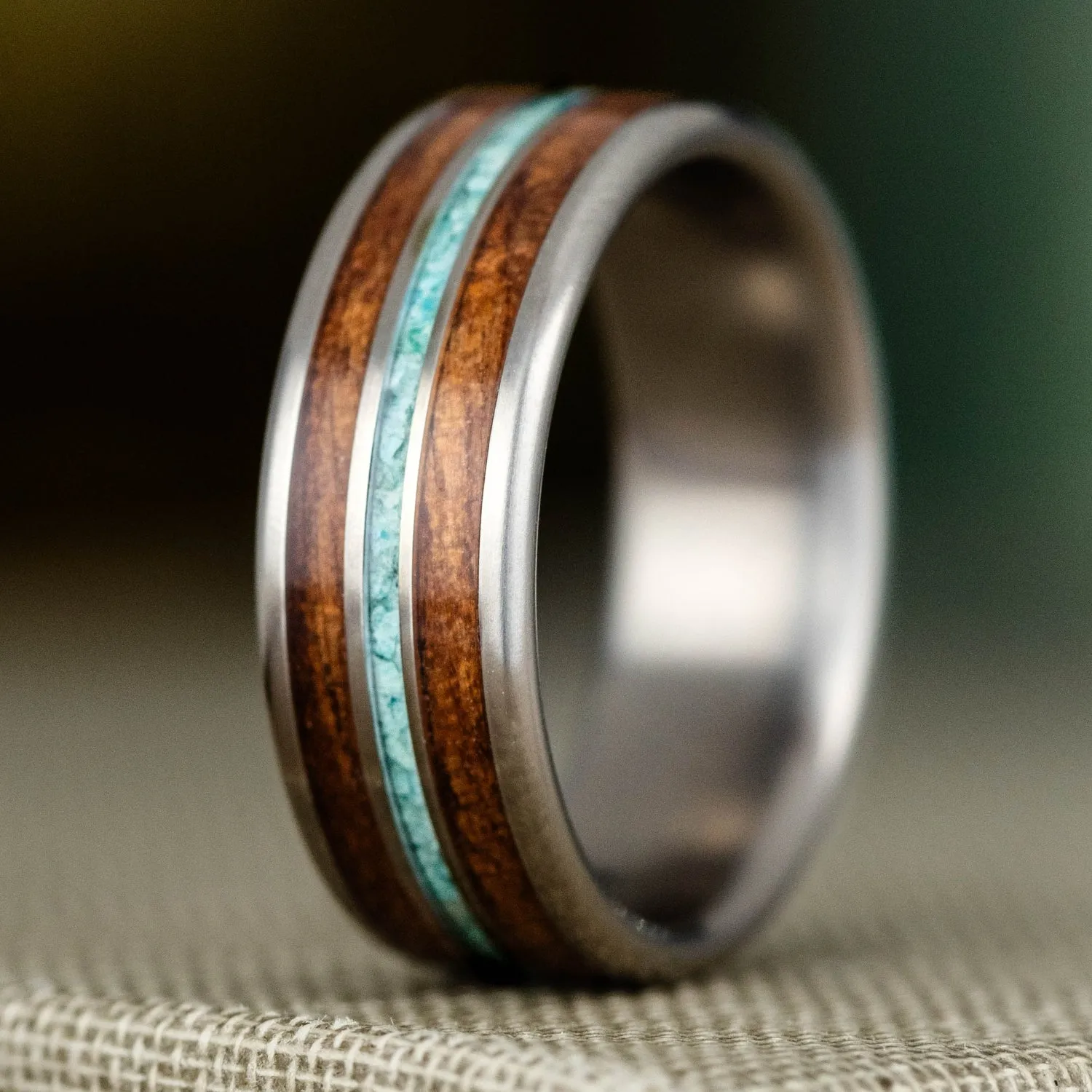 (In-Stock) Custom Men's M1 Garand Rifle Stock, Turquoise & 1903 Springfield Rifle Titanium Ring - Size 7.25 | 7mm Wide