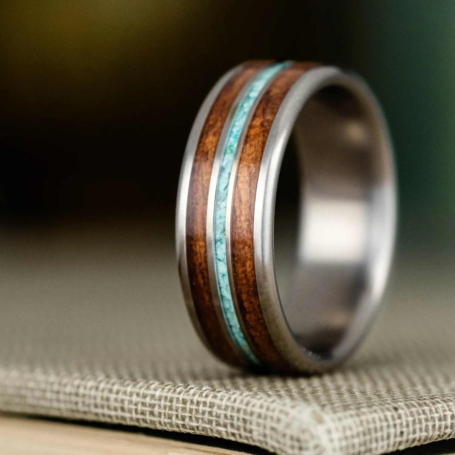 (In-Stock) Custom Men's M1 Garand Rifle Stock, Turquoise & 1903 Springfield Rifle Titanium Ring - Size 7.25 | 7mm Wide