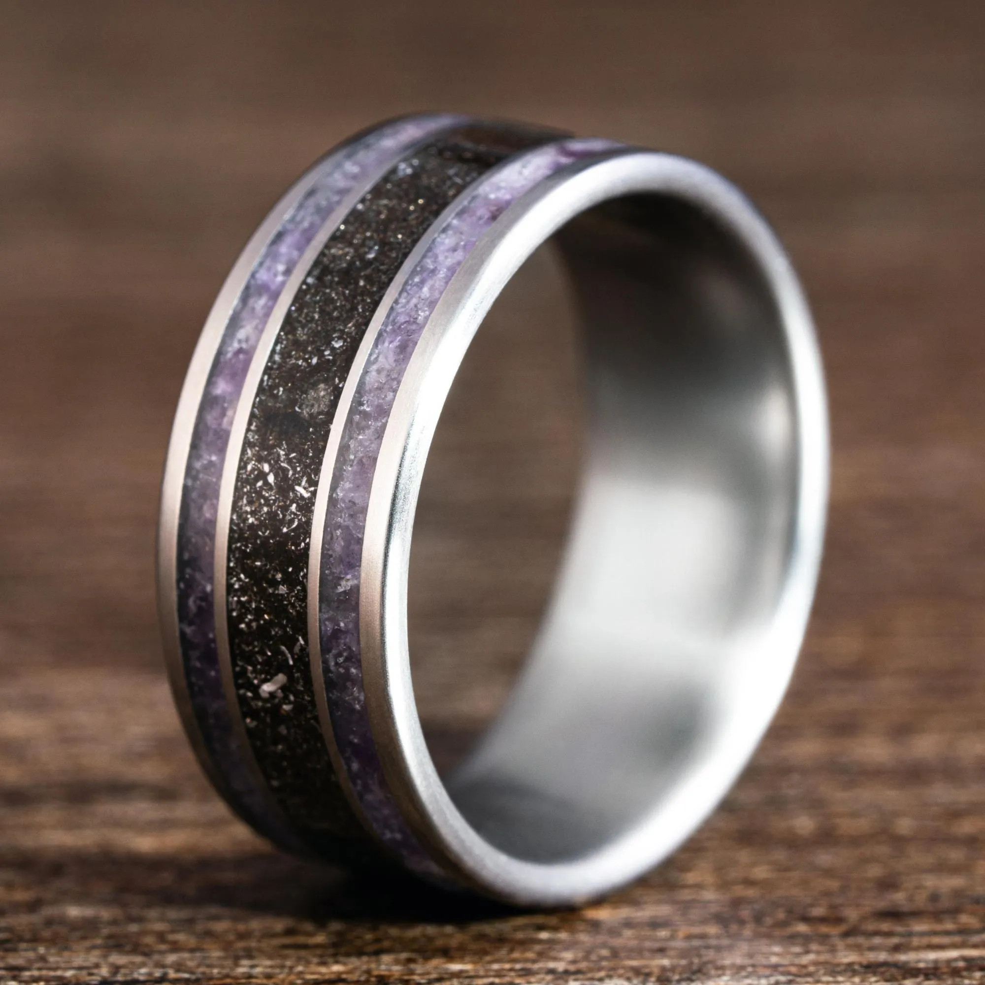 (In-Stock) Custom Titanium Ring with Meteorite and Amethyst - Size 6.5 | 8mm Wide