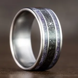 (In-Stock) Custom Titanium Ring with Meteorite and Amethyst - Size 6.5 | 8mm Wide