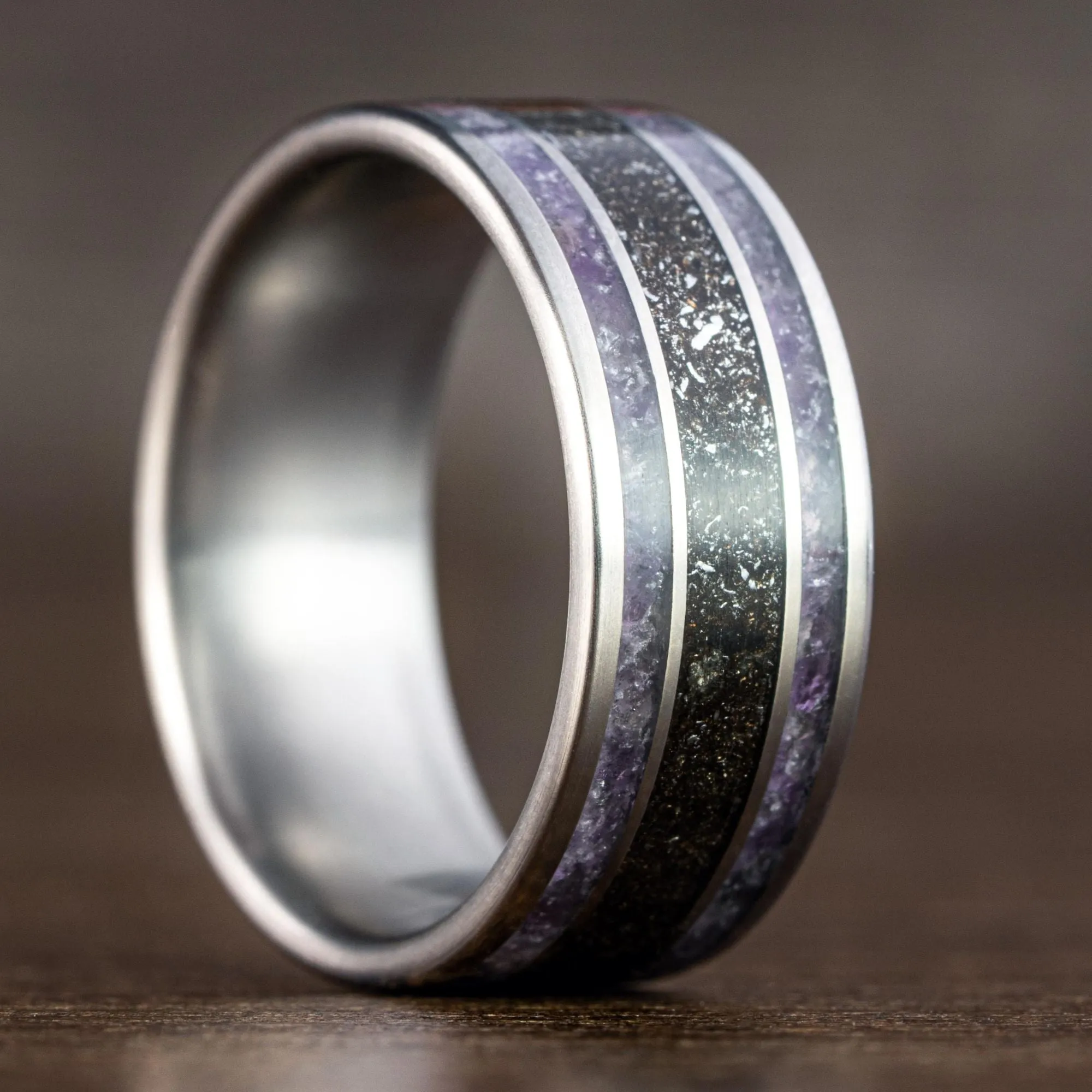 (In-Stock) Custom Titanium Ring with Meteorite and Amethyst - Size 6.5 | 8mm Wide