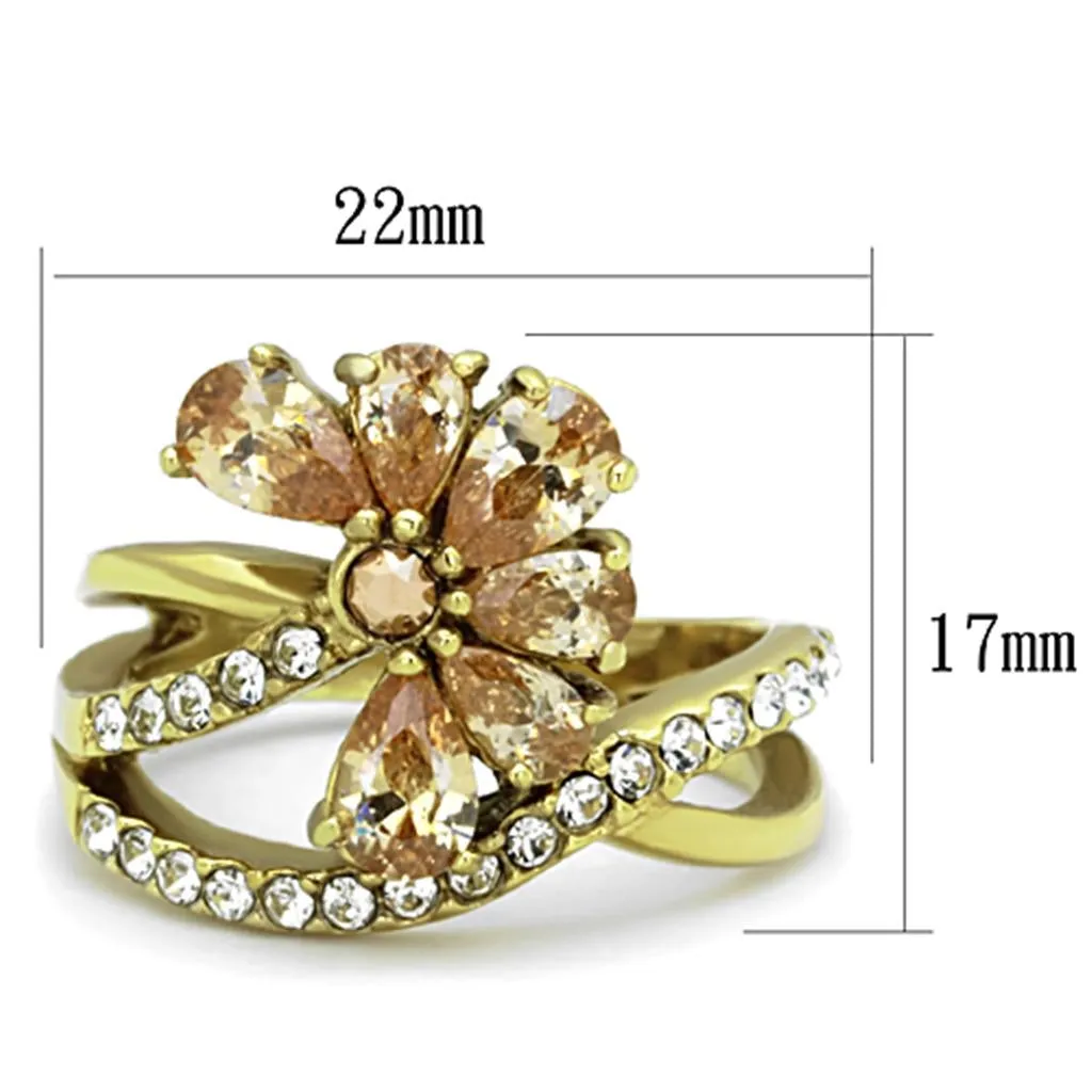 IP Gold(Ion Plating) Stainless Steel Ring with AAA Grade CZ in Champagne for Women Style TK1574