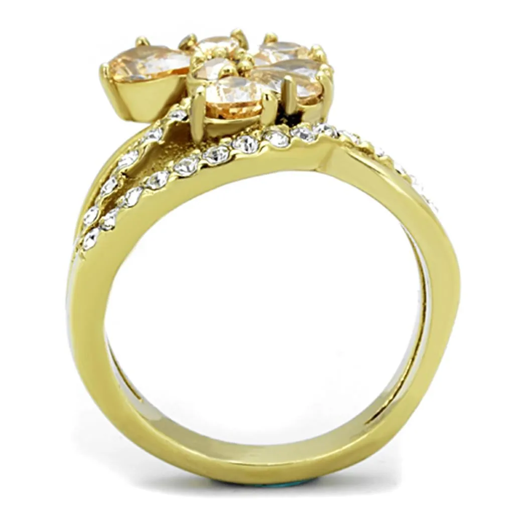 IP Gold(Ion Plating) Stainless Steel Ring with AAA Grade CZ in Champagne for Women Style TK1574