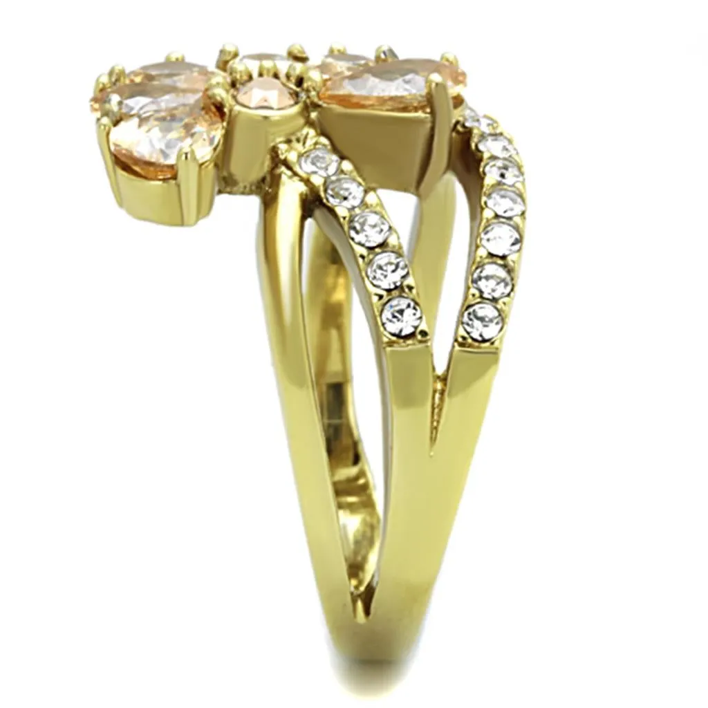 IP Gold(Ion Plating) Stainless Steel Ring with AAA Grade CZ in Champagne for Women Style TK1574