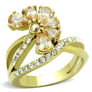 IP Gold(Ion Plating) Stainless Steel Ring with AAA Grade CZ in Champagne for Women Style TK1574