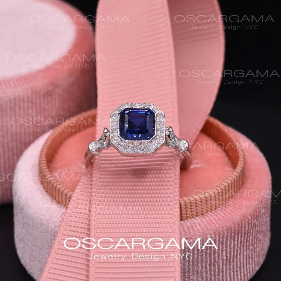 Jessica Asscher Cut Bezel Lab Blue Sapphire Halo Engagement Ring