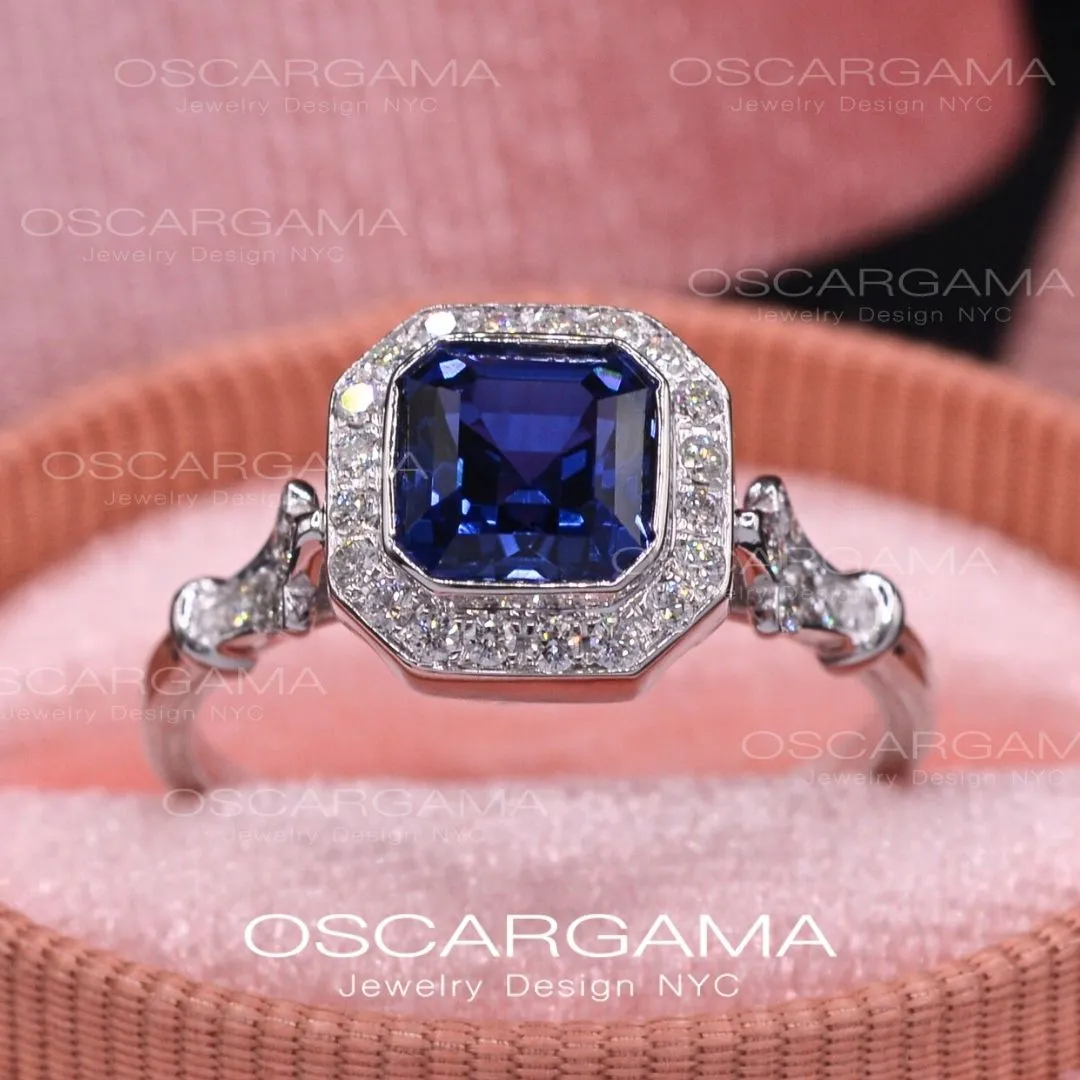 Jessica Asscher Cut Bezel Lab Blue Sapphire Halo Engagement Ring