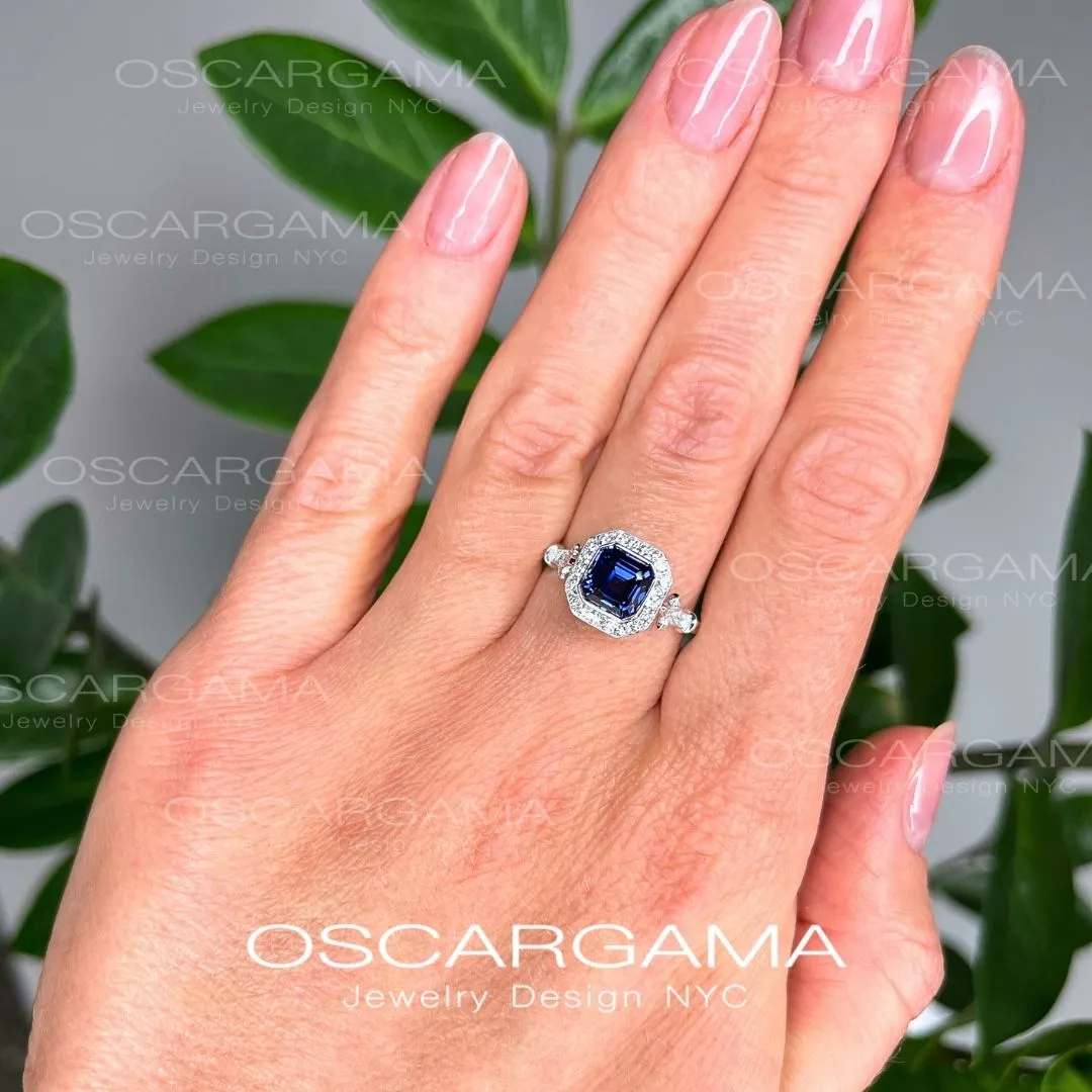 Jessica Asscher Cut Bezel Lab Blue Sapphire Halo Engagement Ring