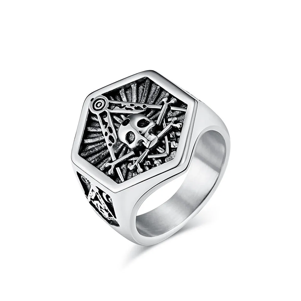 Master Mason, Widows Sons Blue Lodge Ring - Hexagon Silver Skull & Bones