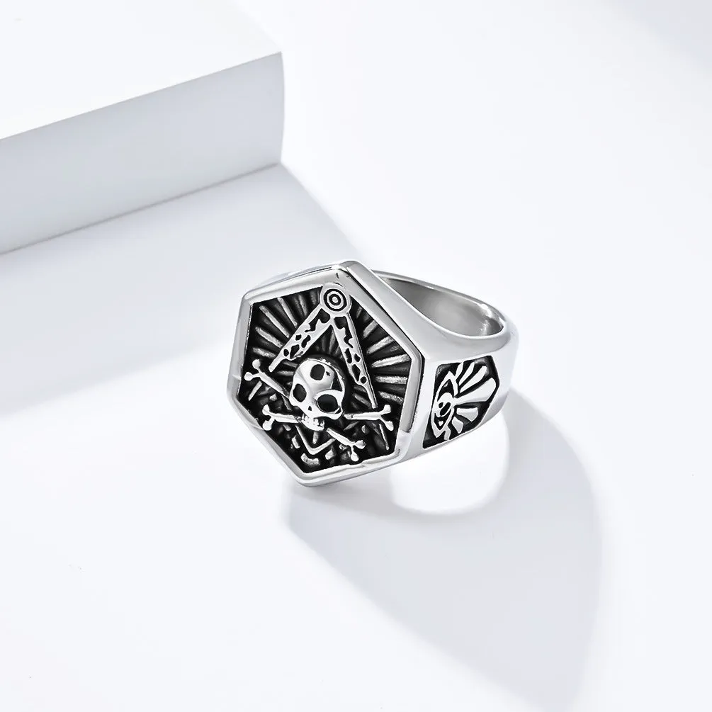 Master Mason, Widows Sons Blue Lodge Ring - Hexagon Silver Skull & Bones