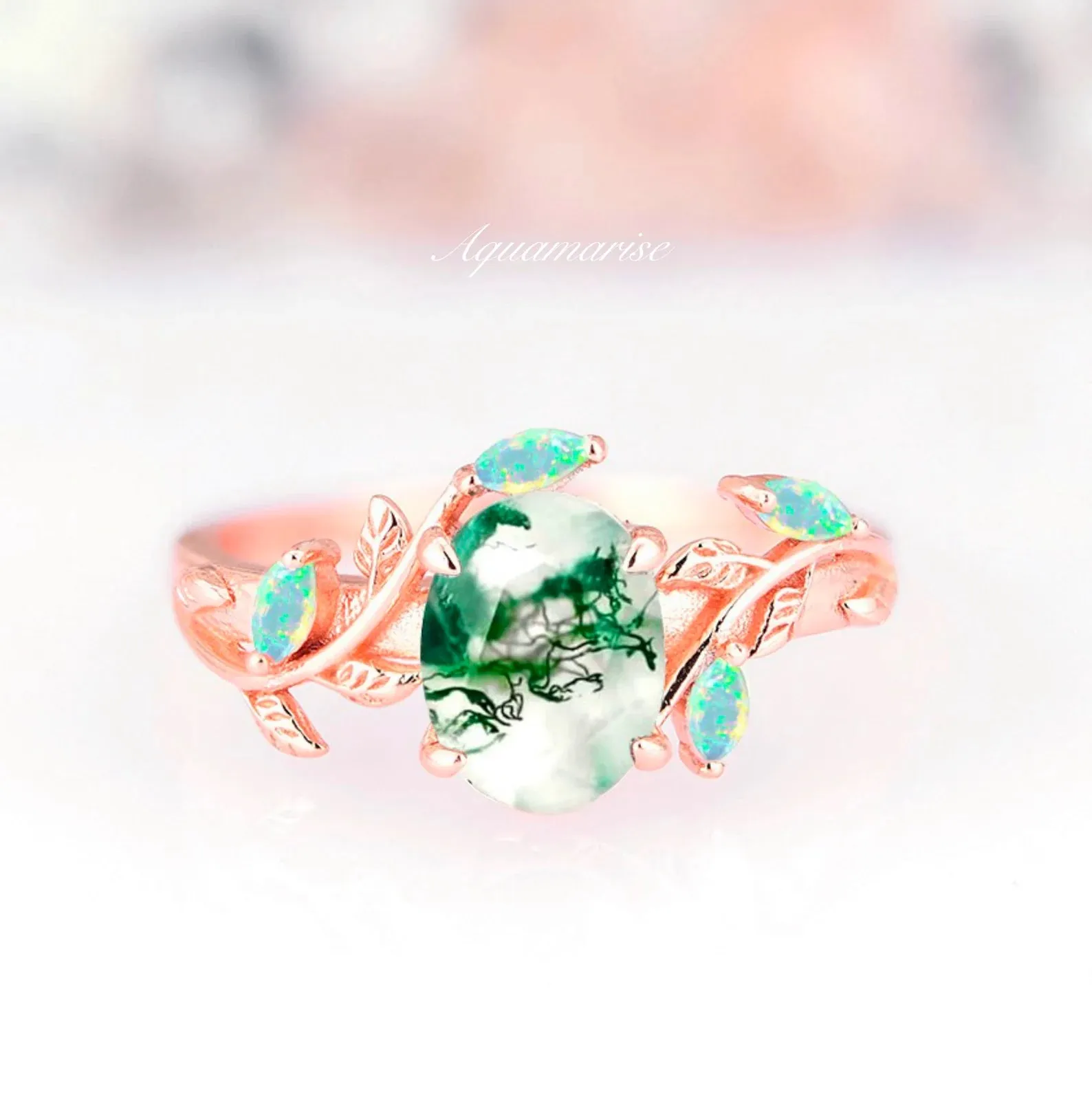 Moss Agate & Australian Opal Leaf Couples Ring