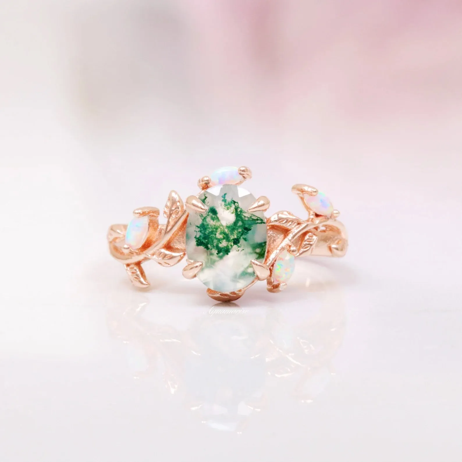 Moss Agate & Australian Opal Leaf Couples Ring