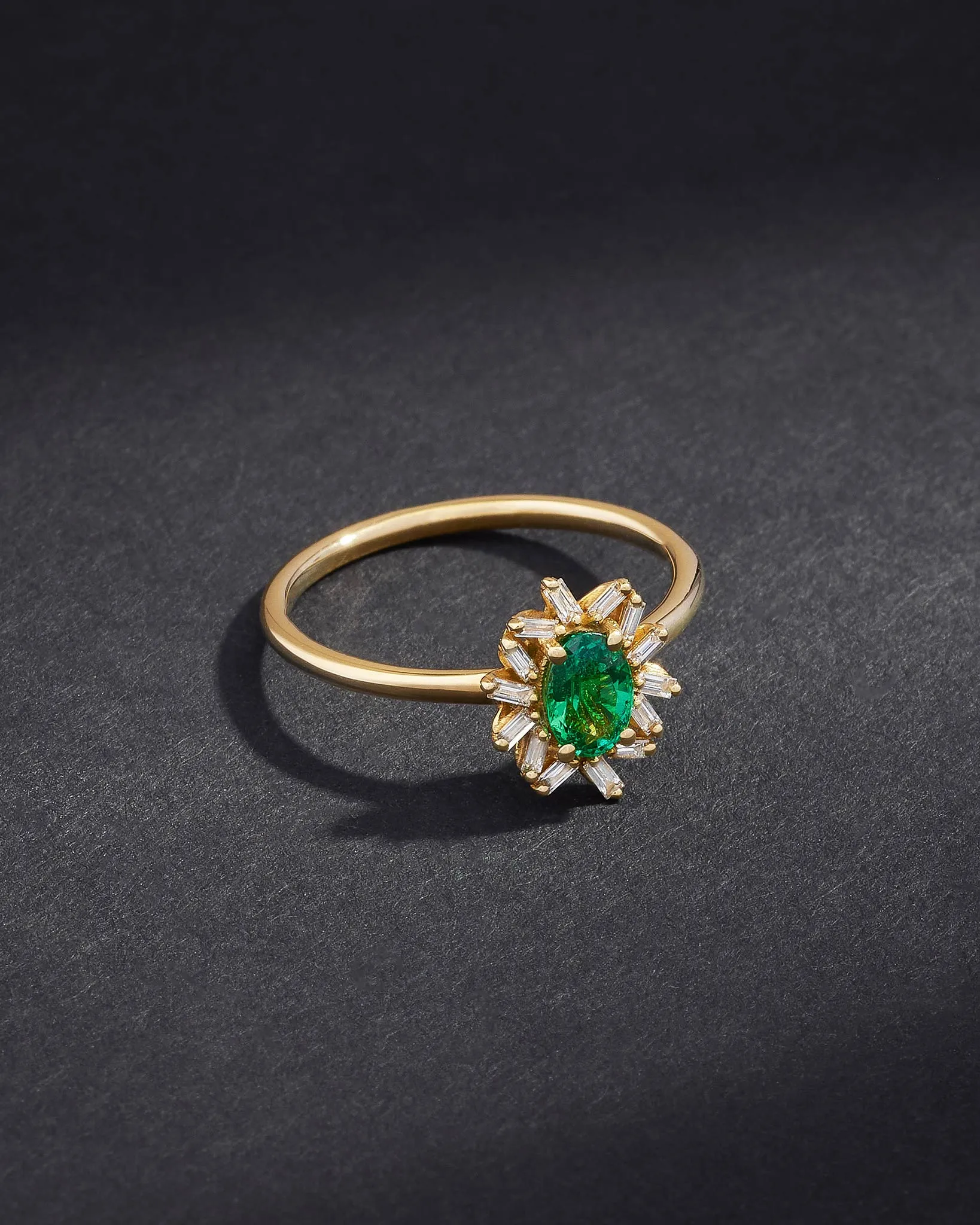 One of a Kind Oval Cut Emerald and Baguette Diamond Ring