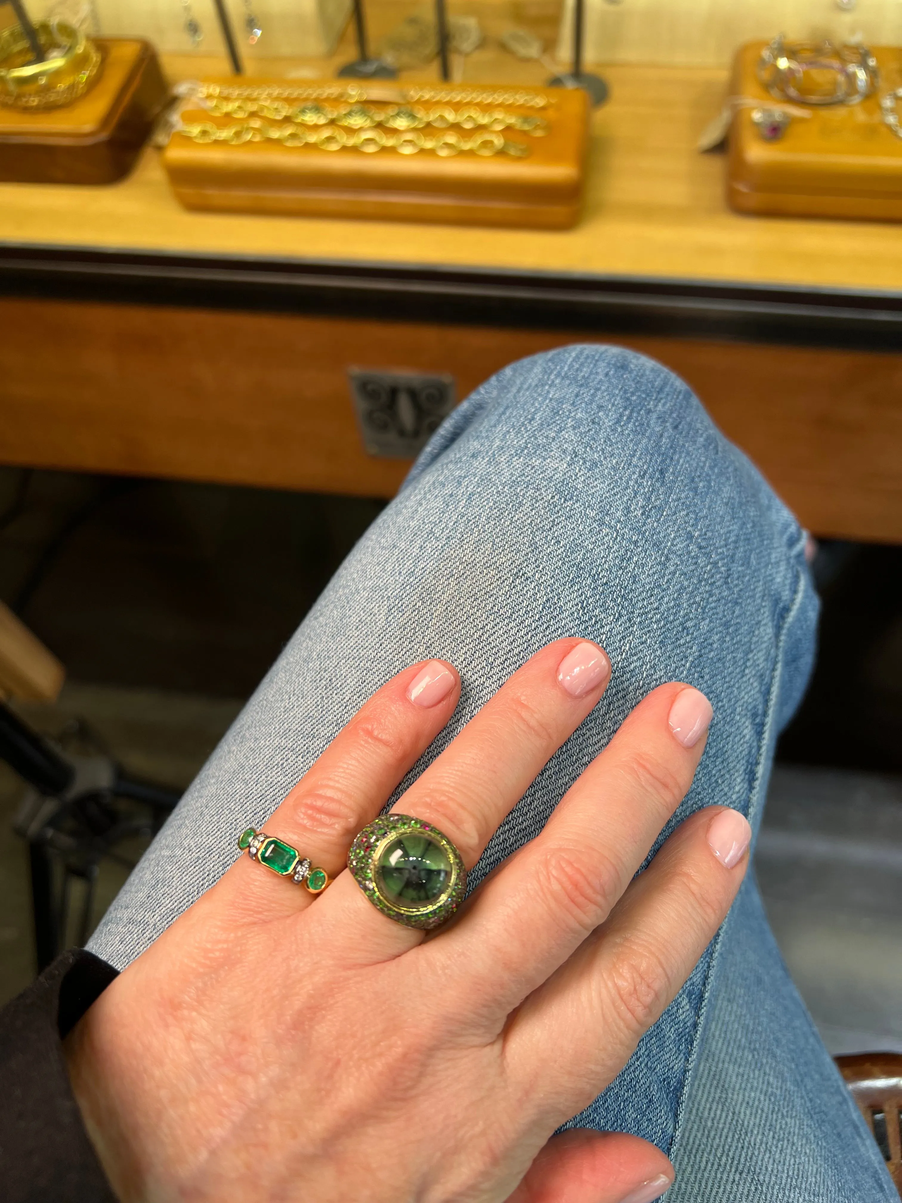 One-of-a-kind Tutti Frutti 18kt Green Gold Trapiche Emerald Cocktail Ring