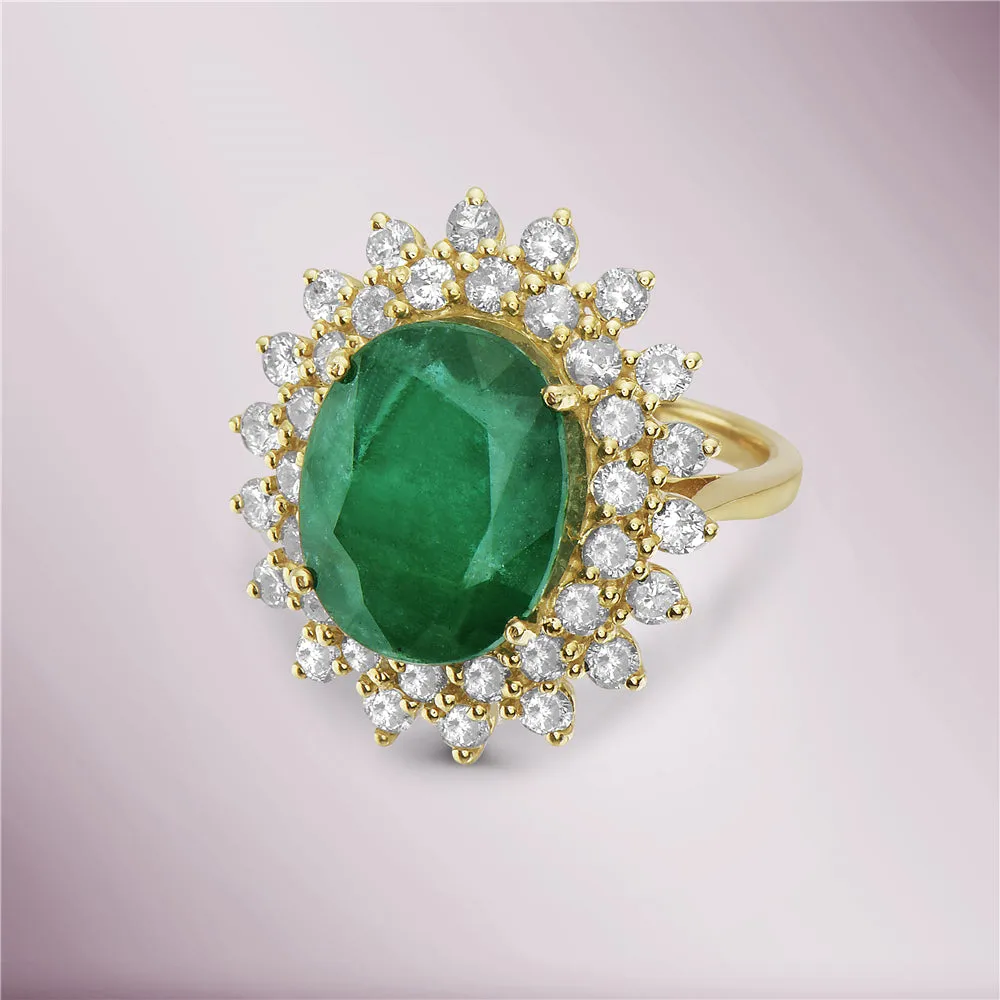 Oval Cut Genuine Emerald & Double Diamond Halo Engagement Ring (8.90 ct.) in 14K Gold