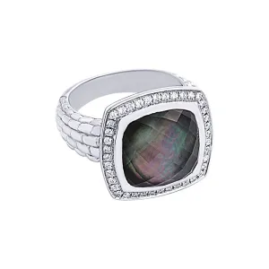 Pietra Collection White Quartz and Black Mother-of-Pearl Cabachon Ring with Diamonds