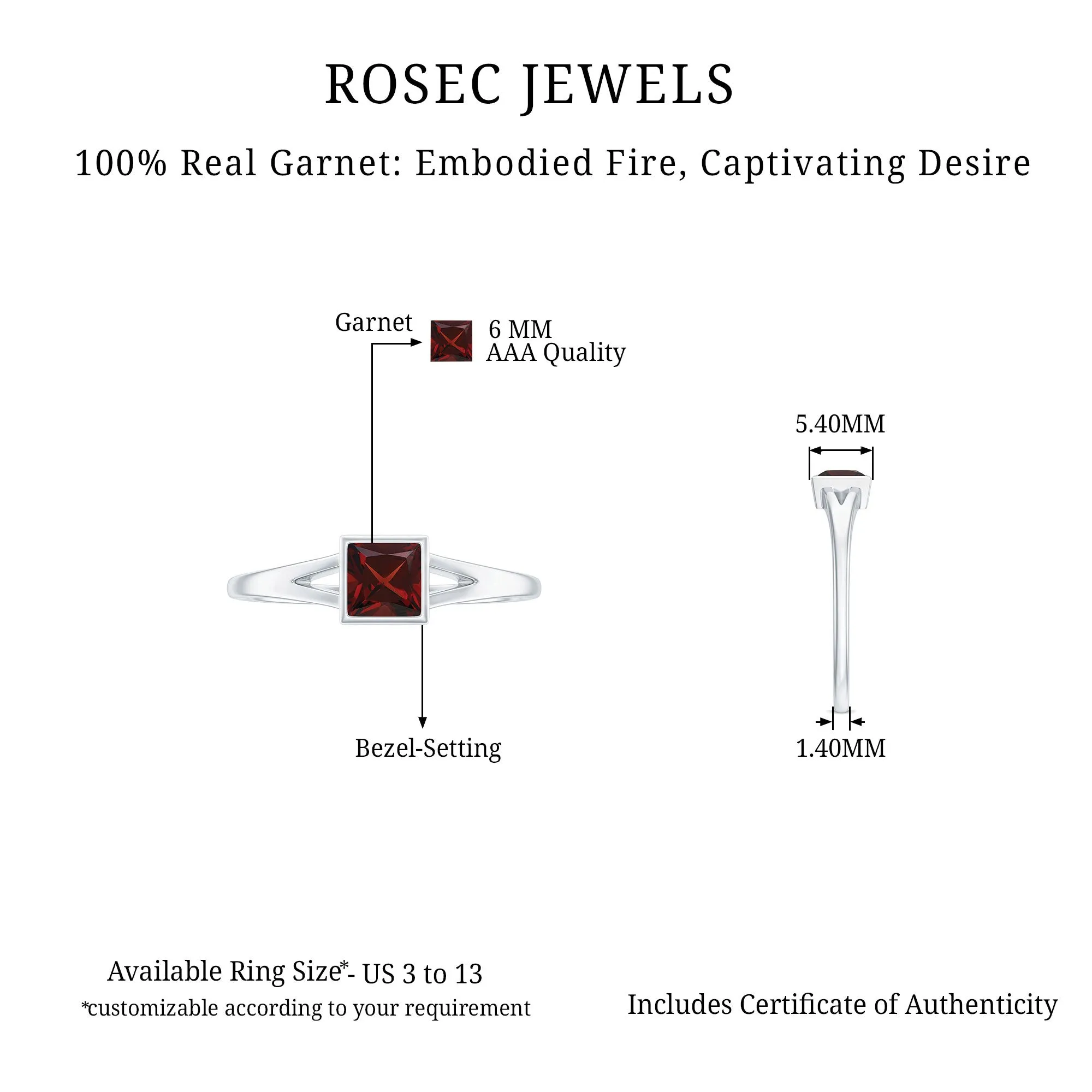 Princess Cut Garnet Solitaire Split Shank Ring in Bezel Setting