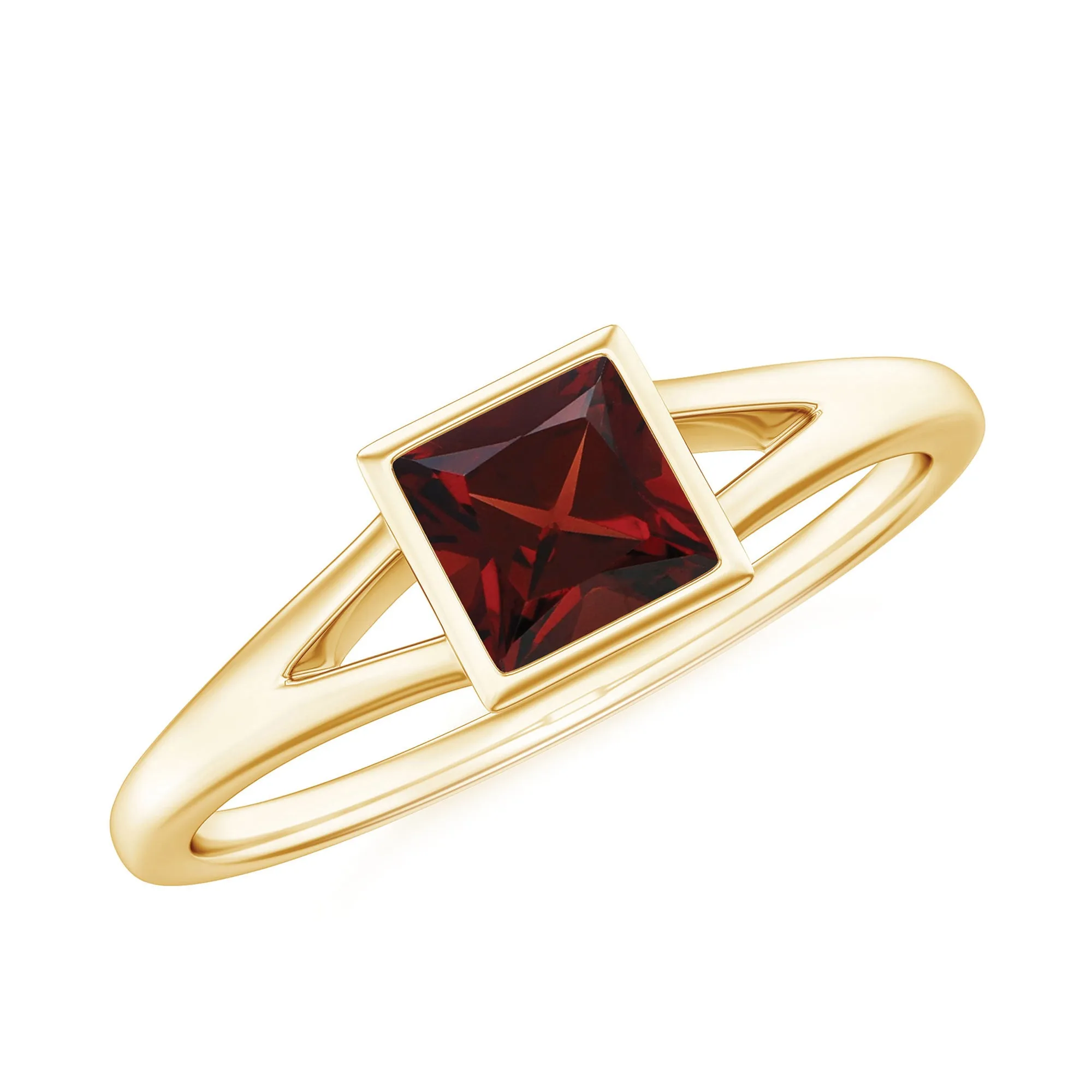 Princess Cut Garnet Solitaire Split Shank Ring in Bezel Setting