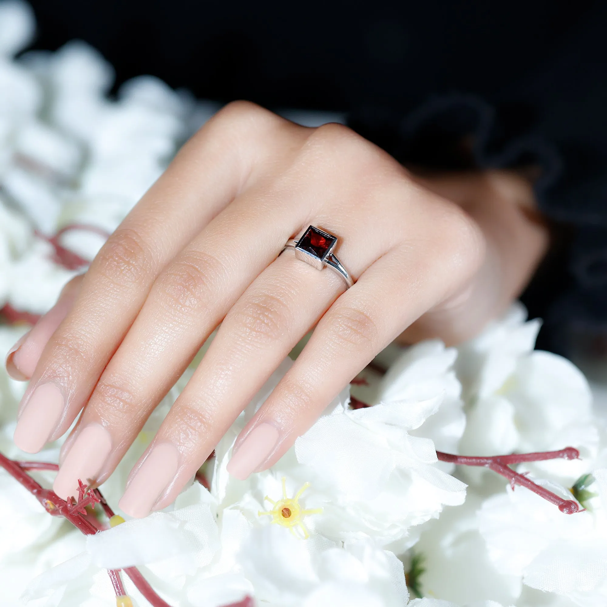 Princess Cut Garnet Solitaire Split Shank Ring in Bezel Setting